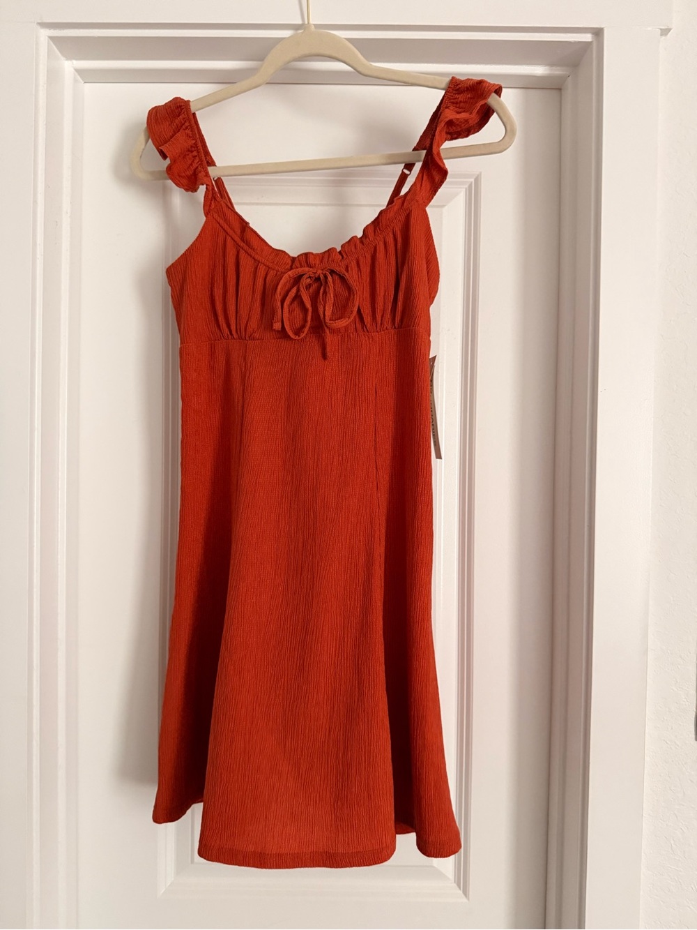 No Boundaries Rust Ruffle-Strap Mini Dress